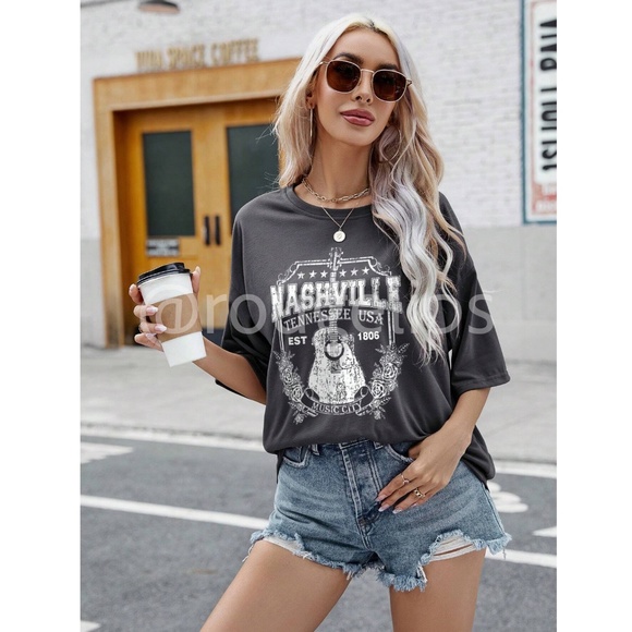 Grey Nashville Graphic Oversized Tee Shirt Crew Neck Short Sleeve - Picture 3 of 5